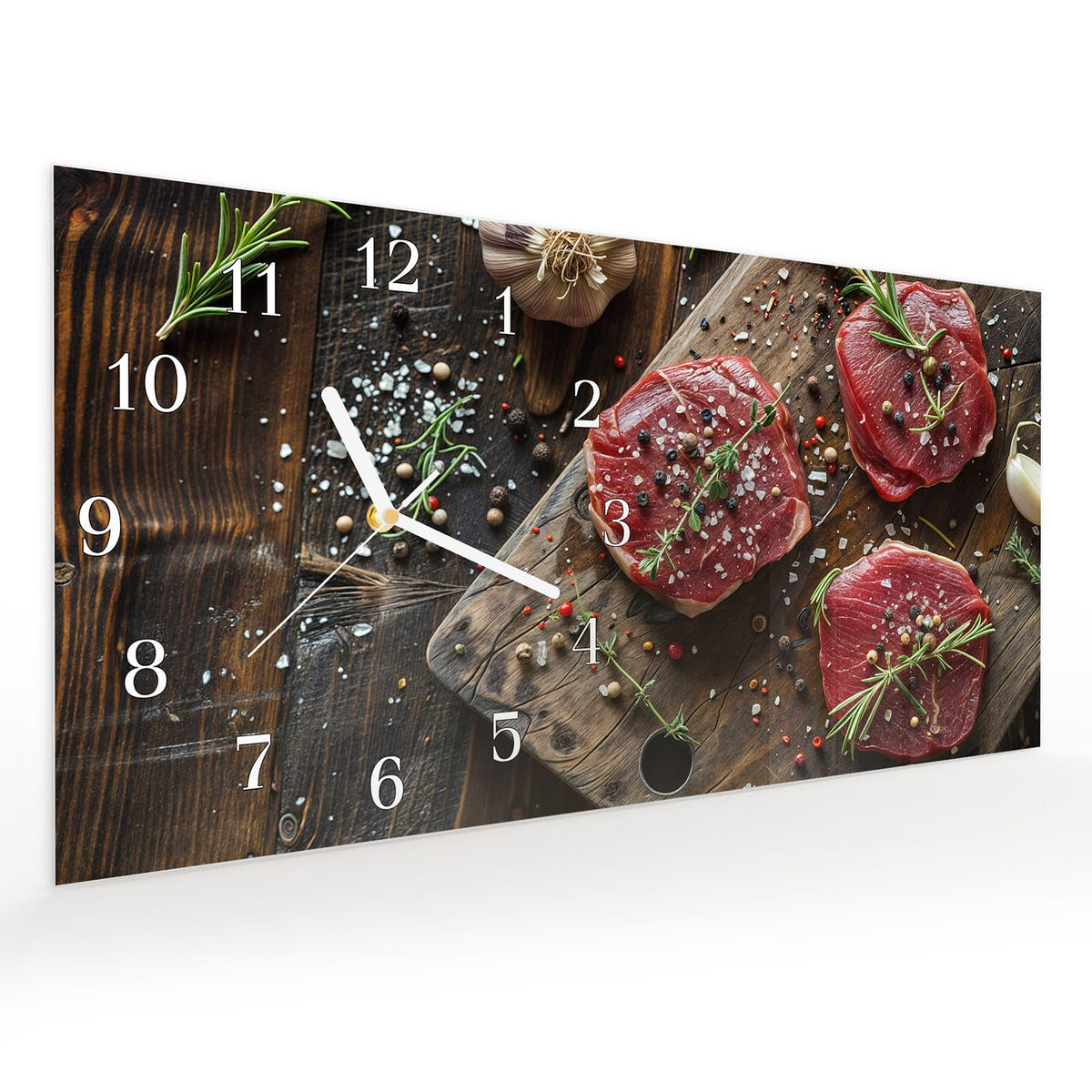 Vormontiert – mit Schwebeeffekt – Wanduhr Frische Gewürze aus Glas – Querformat 60 × 30 cm