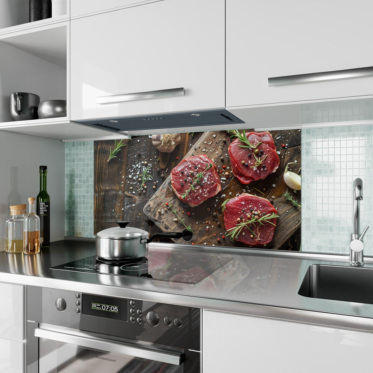 Küchenrückwand aus Glas Steaks mit Knoblauch im Hochformat als Spritzschutz hinter dem Kochfeld, über dem Fliesenspiegel montiert