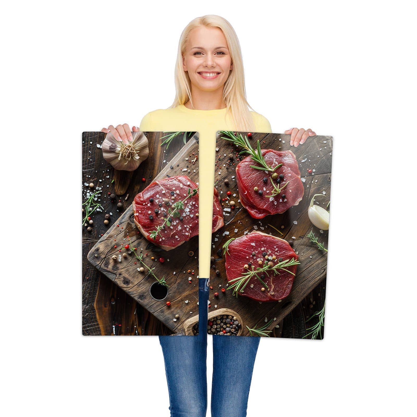 2-teilige Ceranfeld-Abdeckplatten mit Frische Gewürze-Motiv werden zur Größendarstellung gehalten