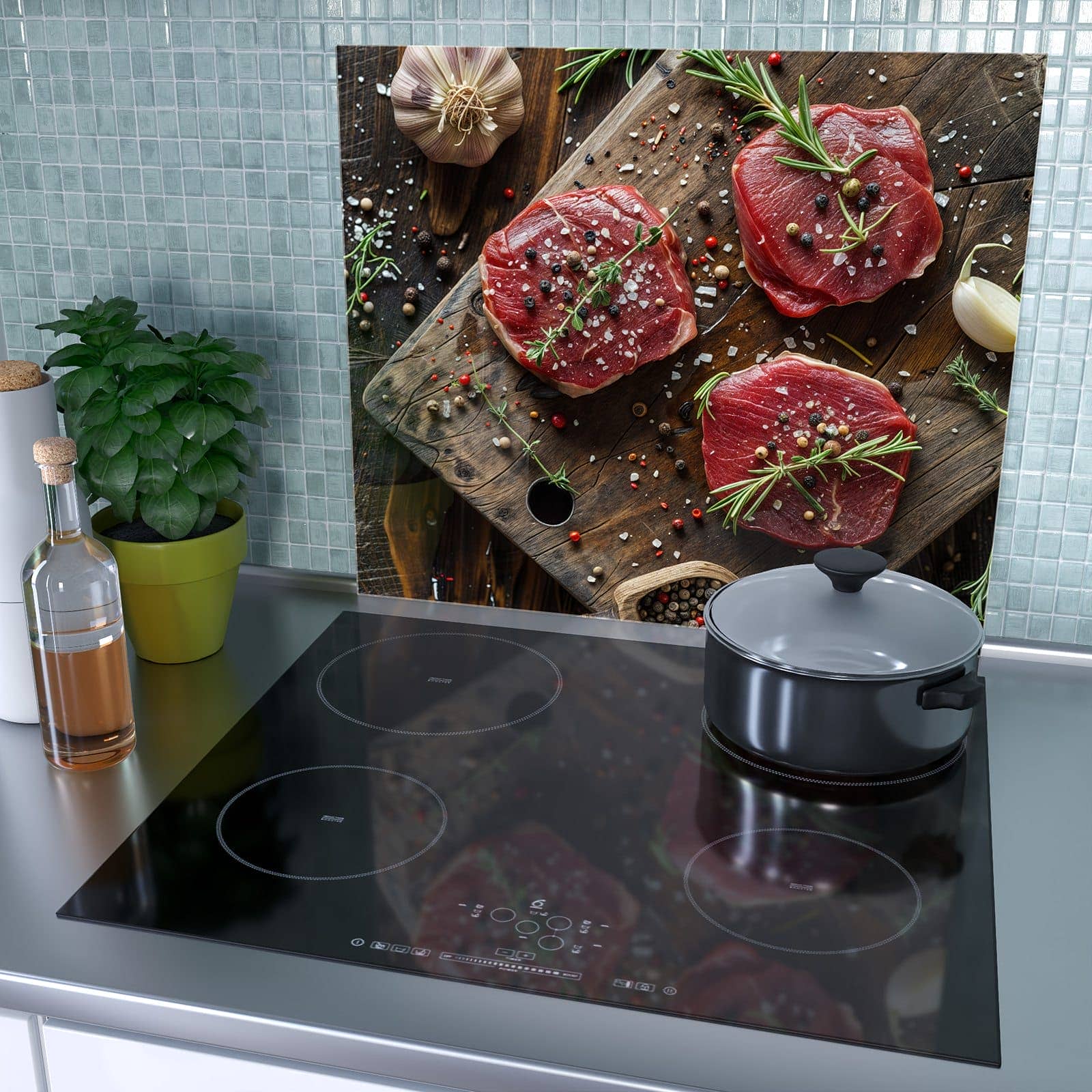 1-teilige Herdabdeckplatte mit Frische Gewürze-Motiv als Spritzschutz hinter dem Kochfeld