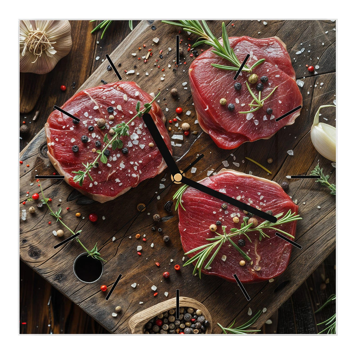 Wanduhr aus Glas, Ziffernblatt Linie mit Motiv Steaks mit Knoblauch: Drei rohe Rindersteaks auf Holzbrett mit Rosmarin, Knoblauch, Salz und Pfefferkörnern