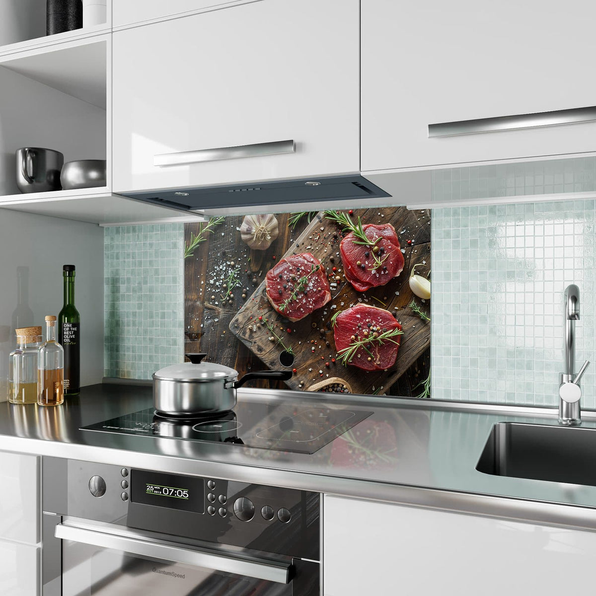 Küchenrückwand aus Glas Steaks mit Knoblauch im Hochformat als Spritzschutz hinter dem Kochfeld, über dem Fliesenspiegel montiert