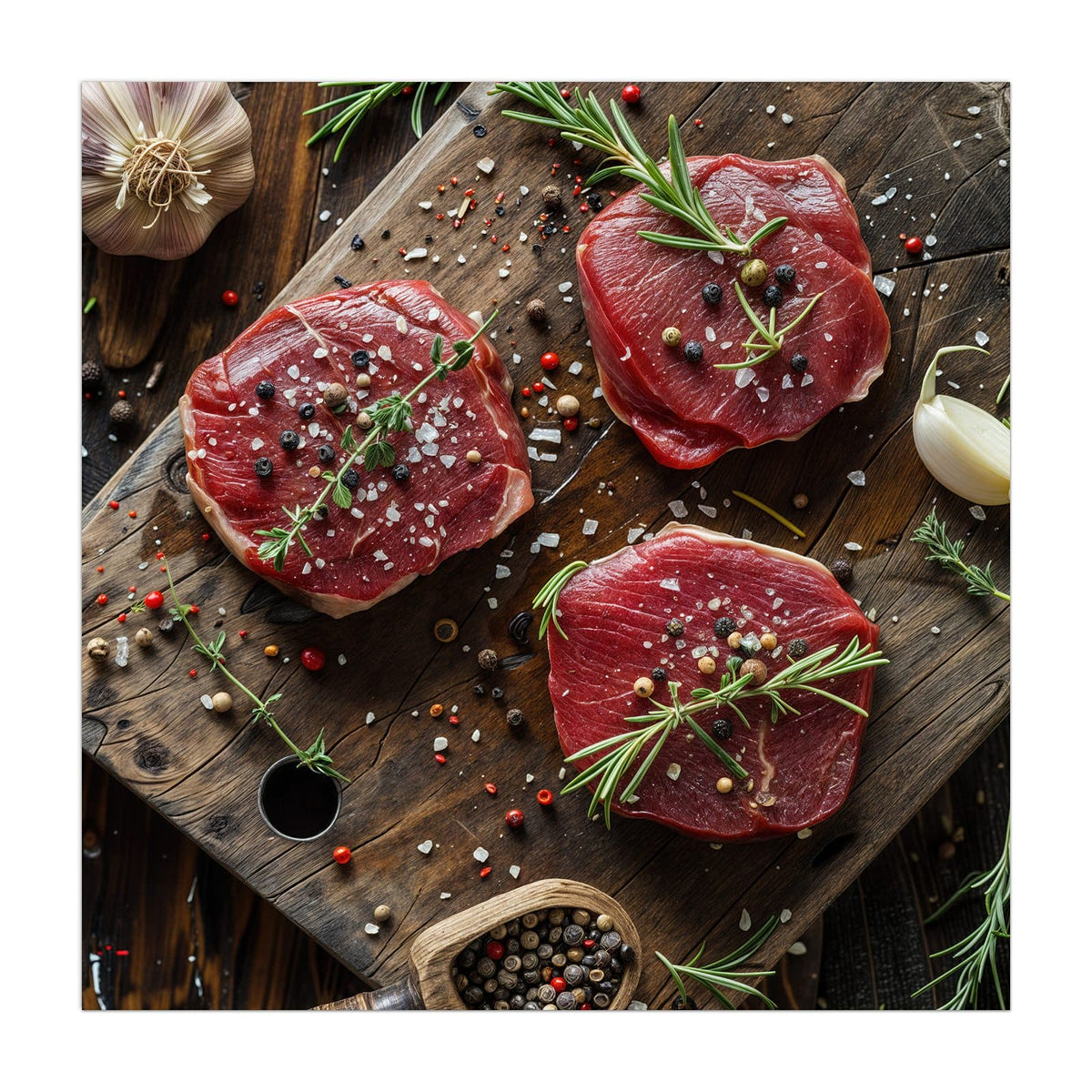 Küchenrückwand aus Glas Steaks mit Knoblauch im quadratischen Format, Motiv bildfüllend von vorn
