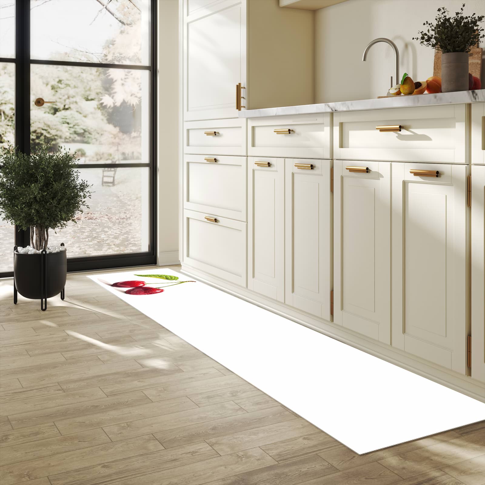 Formstabiler Küchenteppich mit Motiv Kirschen Duo in heller Küche