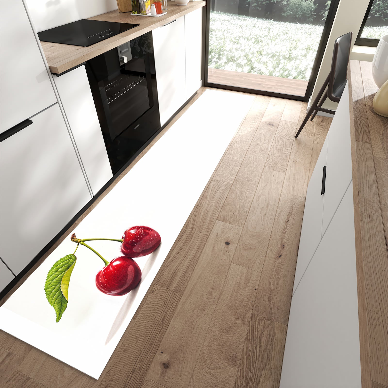 Farbbeständiger Läufer für den Eingangsbereich mit Motiv Kirschen Duo in moderner Küche
