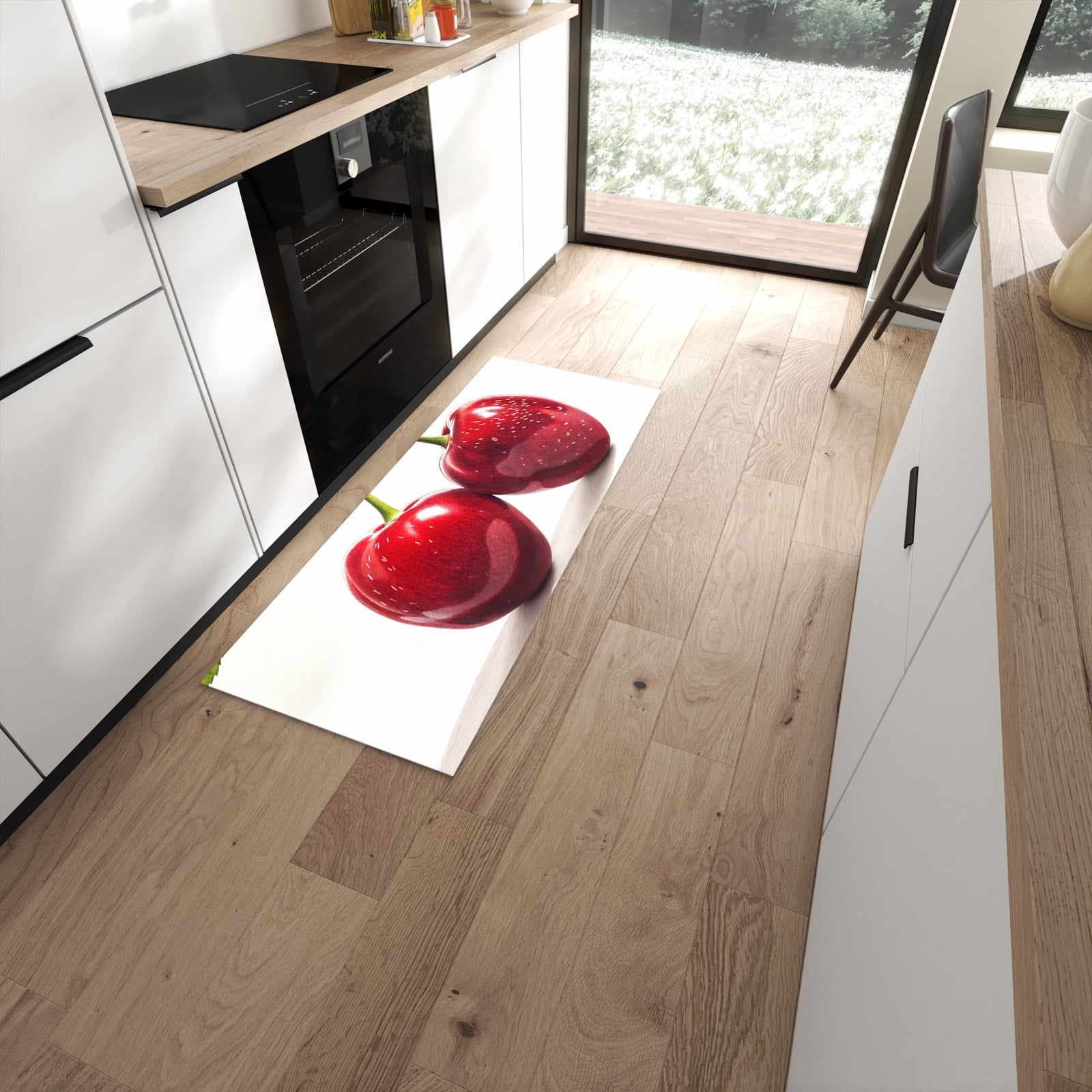 Feuchtigkeitsresistenter Teppichläufer mit Motiv Kirschen Duo in moderner Küche #grösse_60 x 150 cm