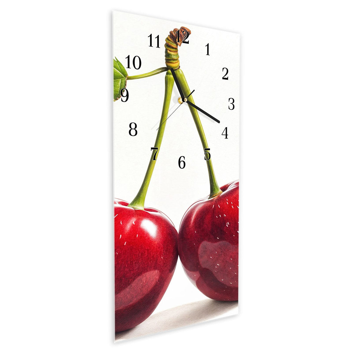 Vormontiert – mit Schwebeeffekt – Wanduhr Kirschen Duo aus Glas – Hochformat 30 × 60 cm