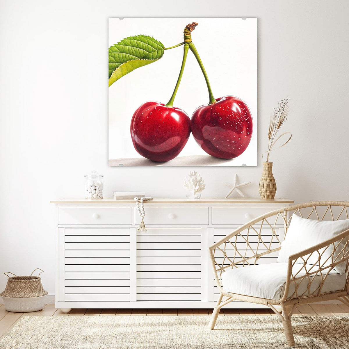 Echtglas, 4 mm – kein Acryl, keine Folie – Wandbild - Zwei Kirschen am Stiel - Quadratisch