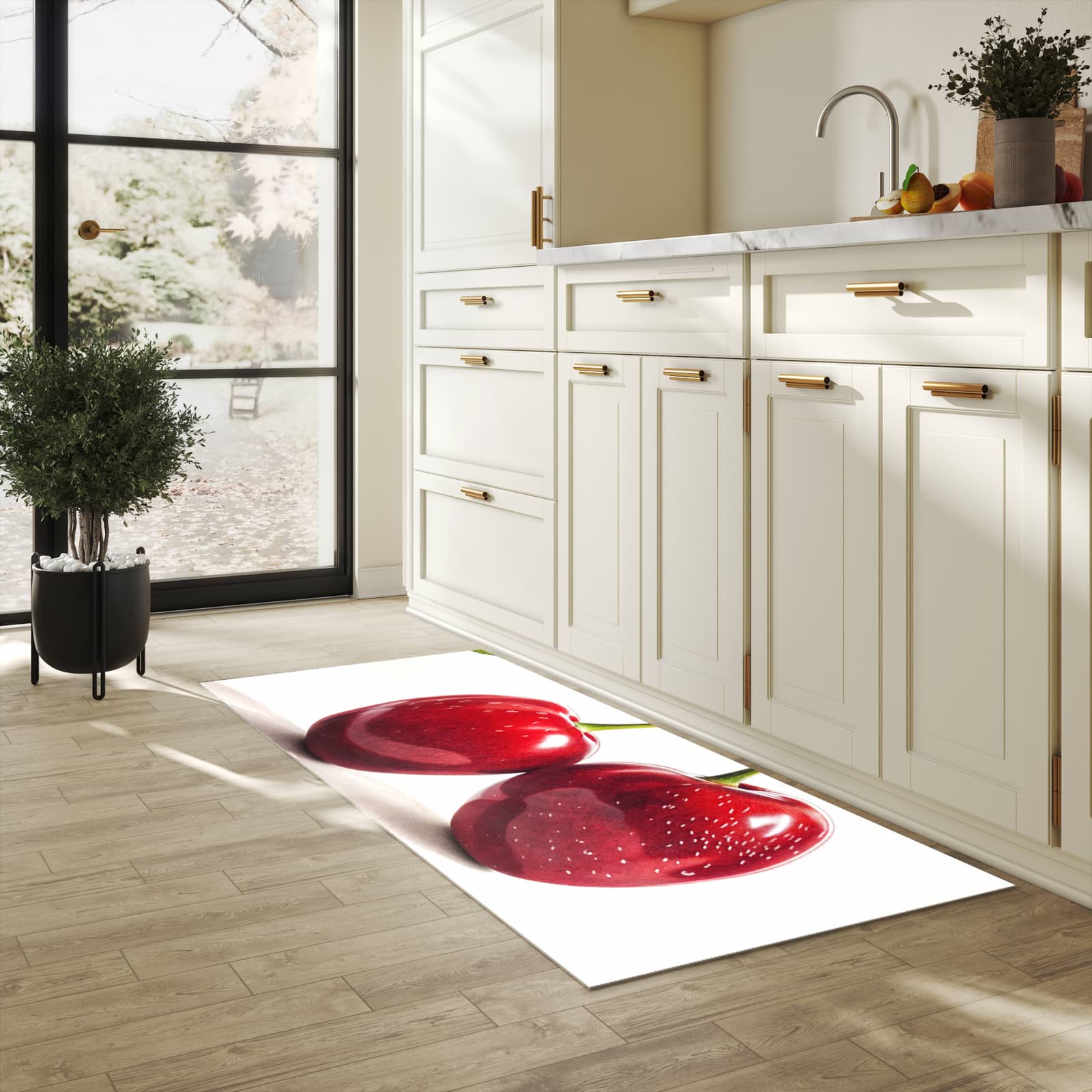 Zeitsparender Läufer Küche mit Motiv Kirschen Duo in heller Küche
