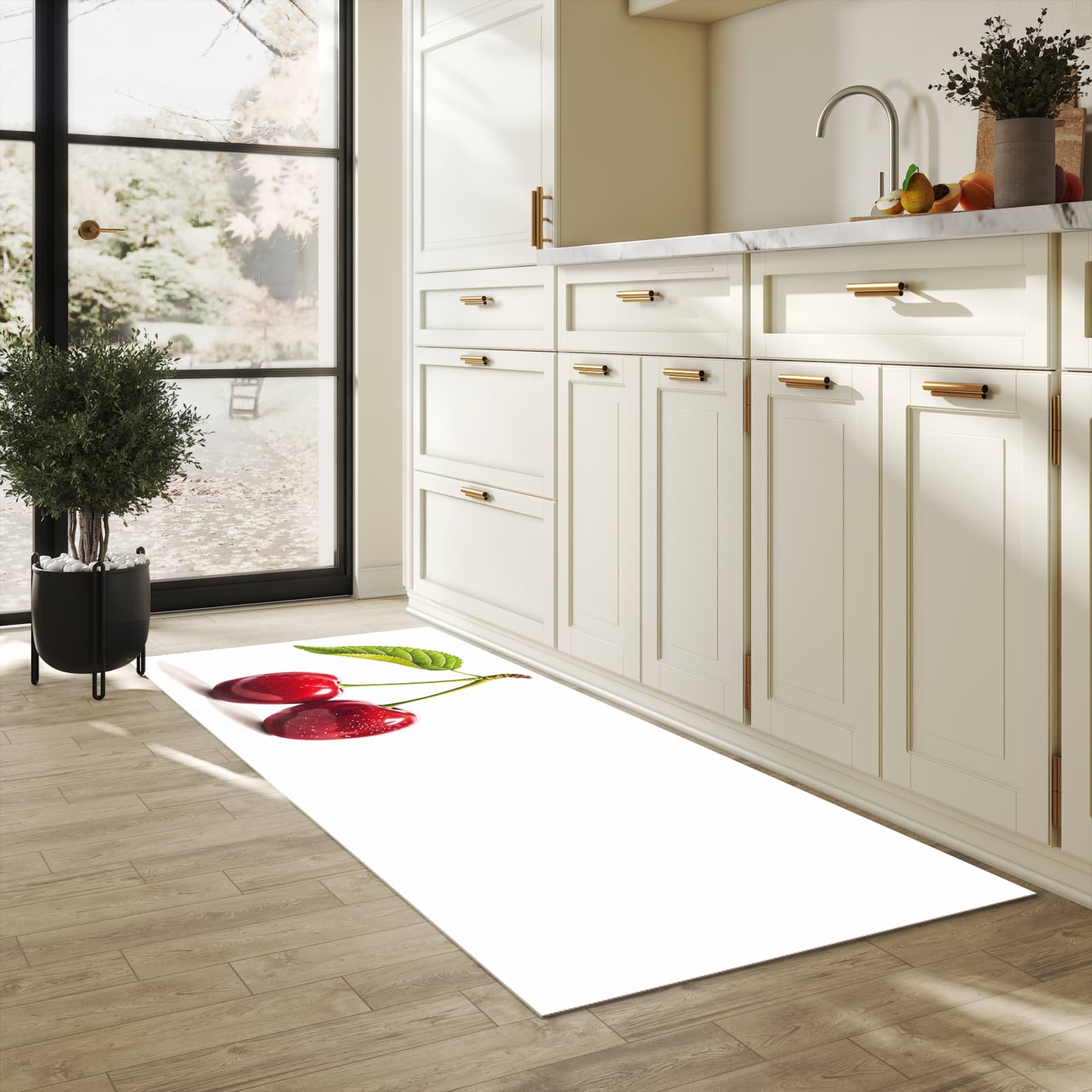Wasserabweisender Küchenläufer mit Motiv Kirschen Duo in heller Küche