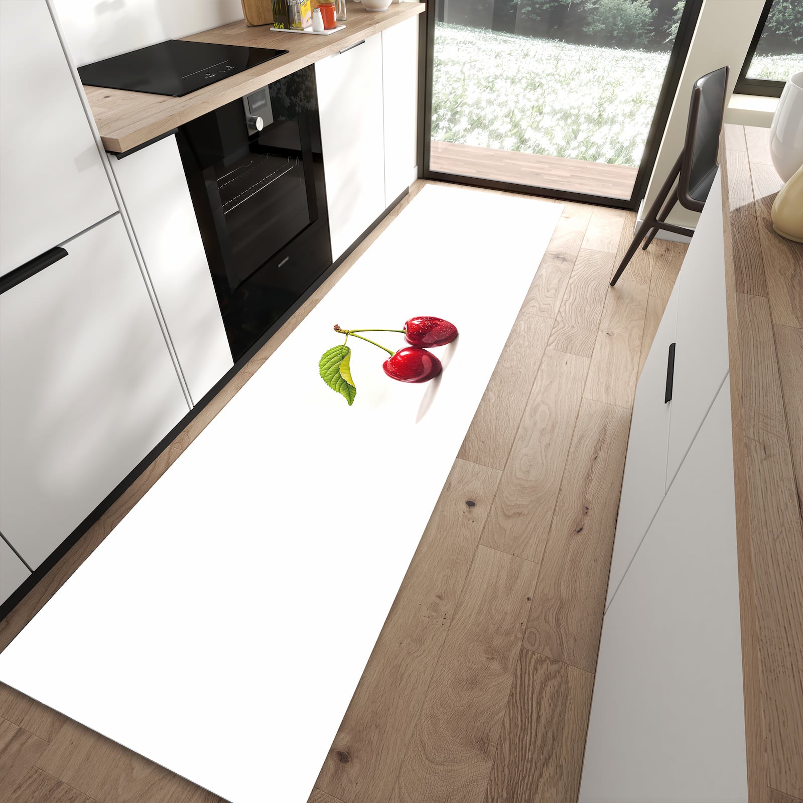 Abriebfester waschbarer Teppich fürs Esszimmer mit Motiv Kirschen Duo in moderner Küche