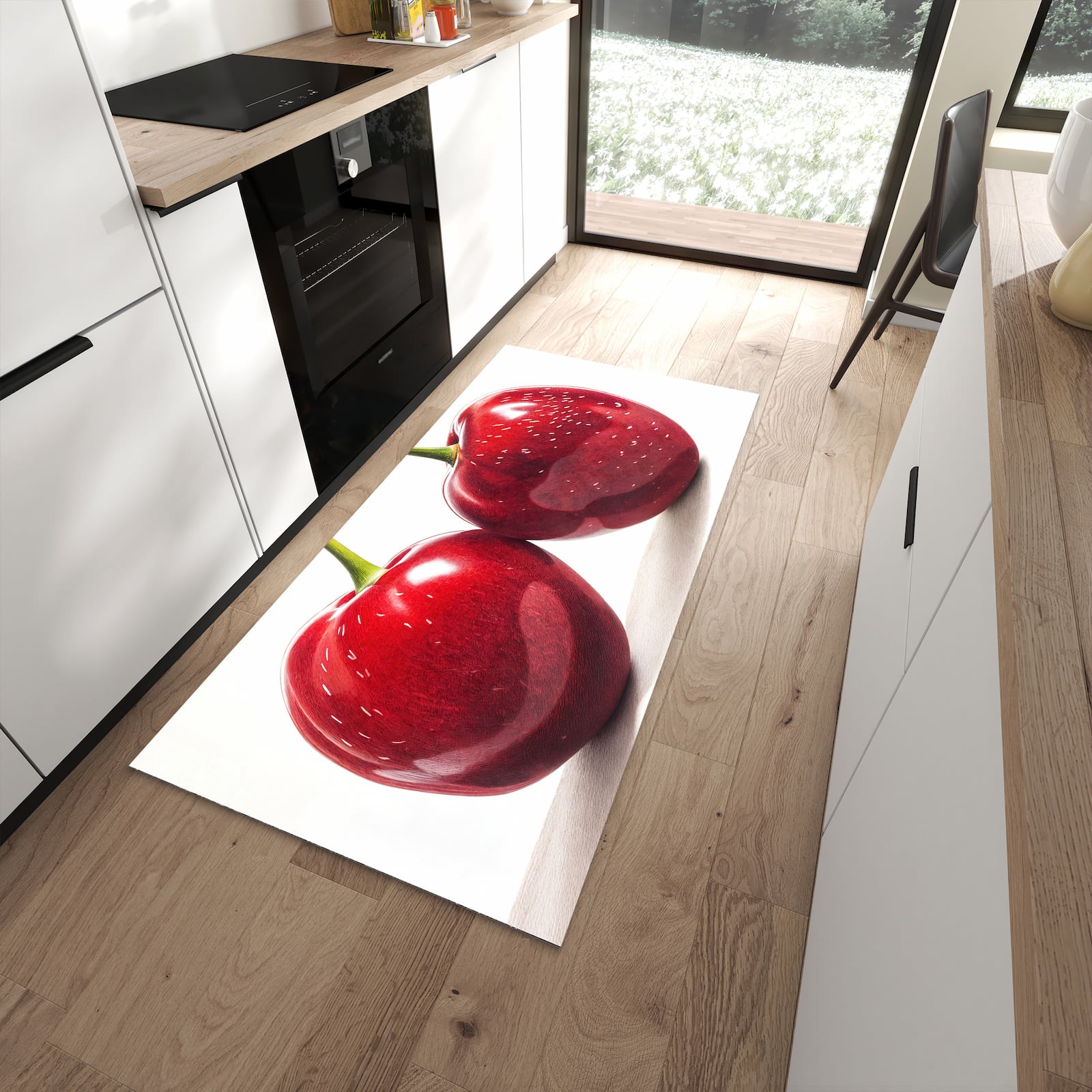 UV-beständiger waschbarer Teppich für Esstisch mit Motiv Kirschen Duo in moderner Küche