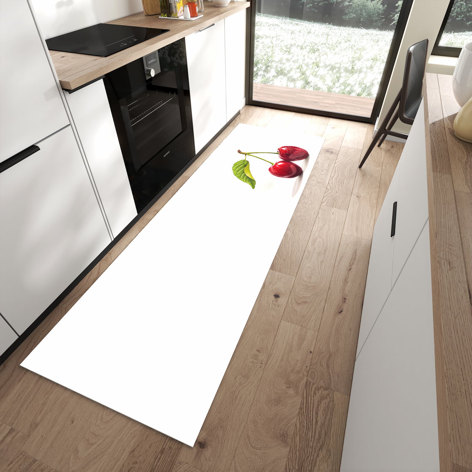 Rutschfester dünner Teppich mit Motiv Kirschen Duo spart Zeit in moderner Küche