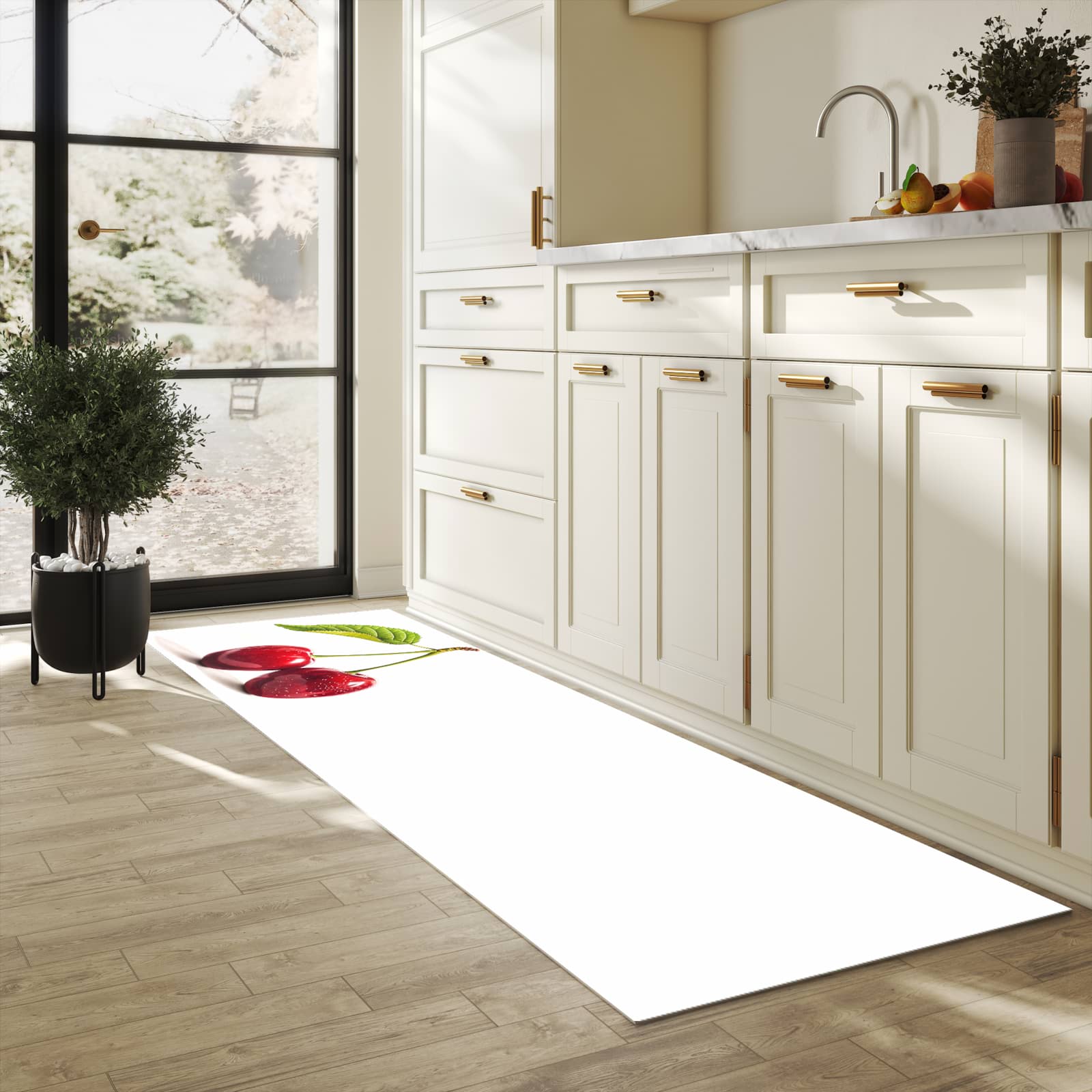 Abriebfester Küchenläufer mit Motiv Kirschen Duo in heller Küche