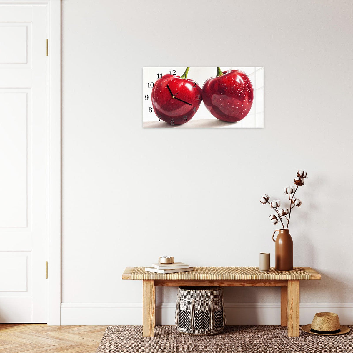 Moderne Wanduhr aus Glas mit Farbtiefe – Wanduhr Kirschen Duo aus Glas – Querformat 60 × 30 cm