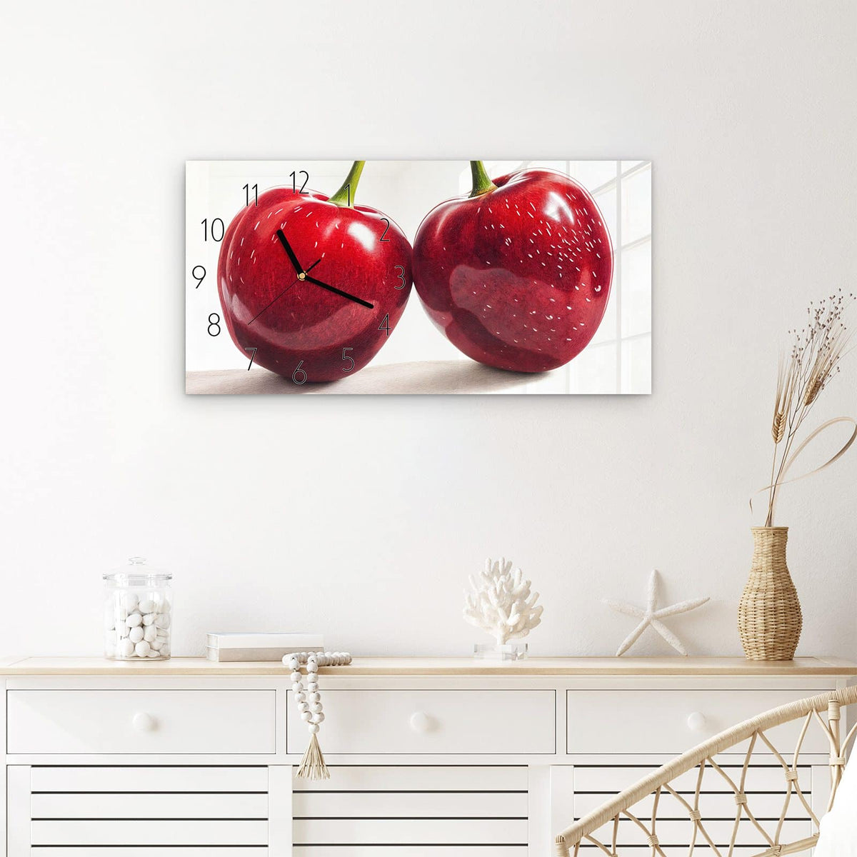 Wanduhr Kirschen Duo aus Glas – Querformat 60 × 30 cm – Zwei glänzende Kirschen mit Blatt