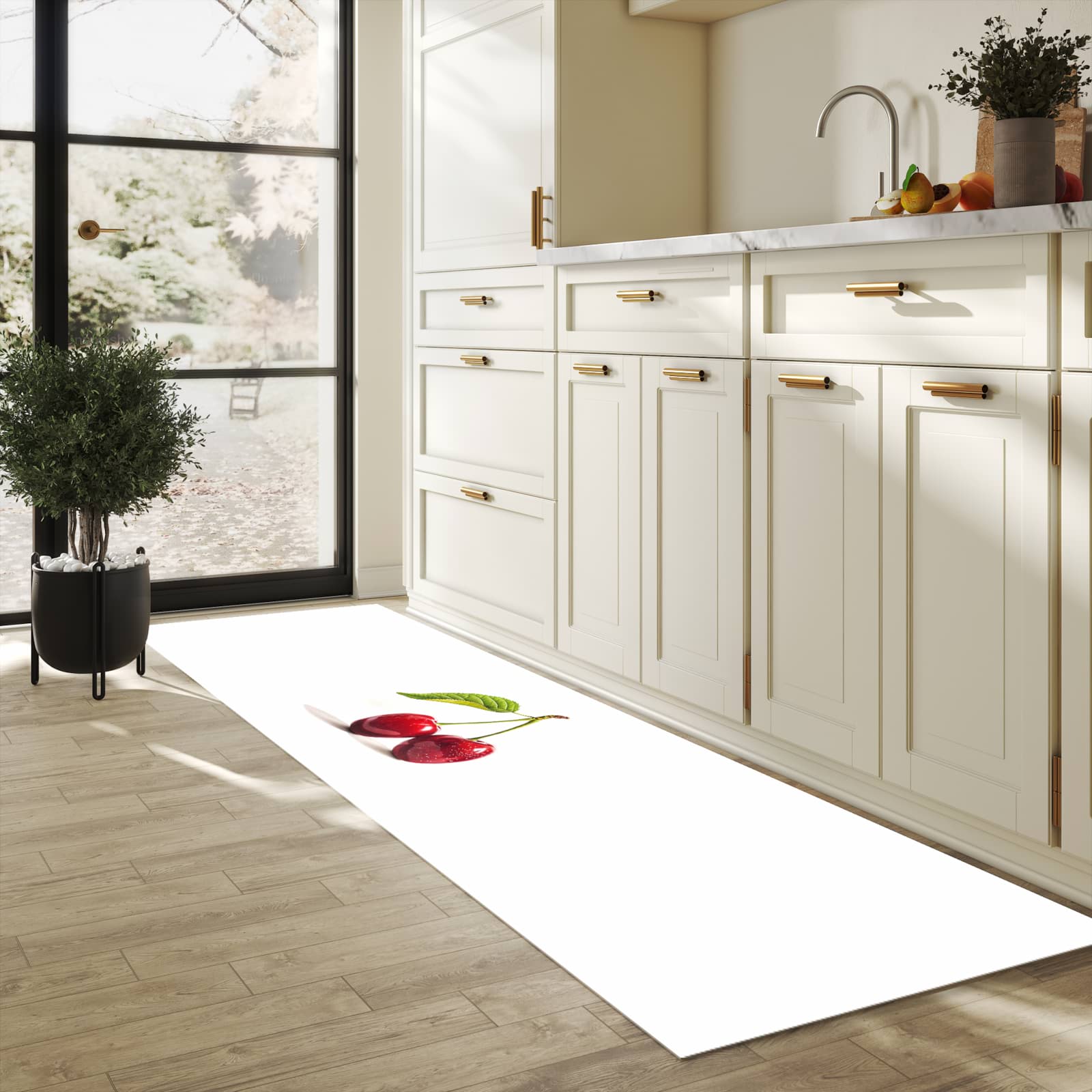 UV-beständiger Küchenvorleger mit Motiv Kirschen Duo in heller Küche