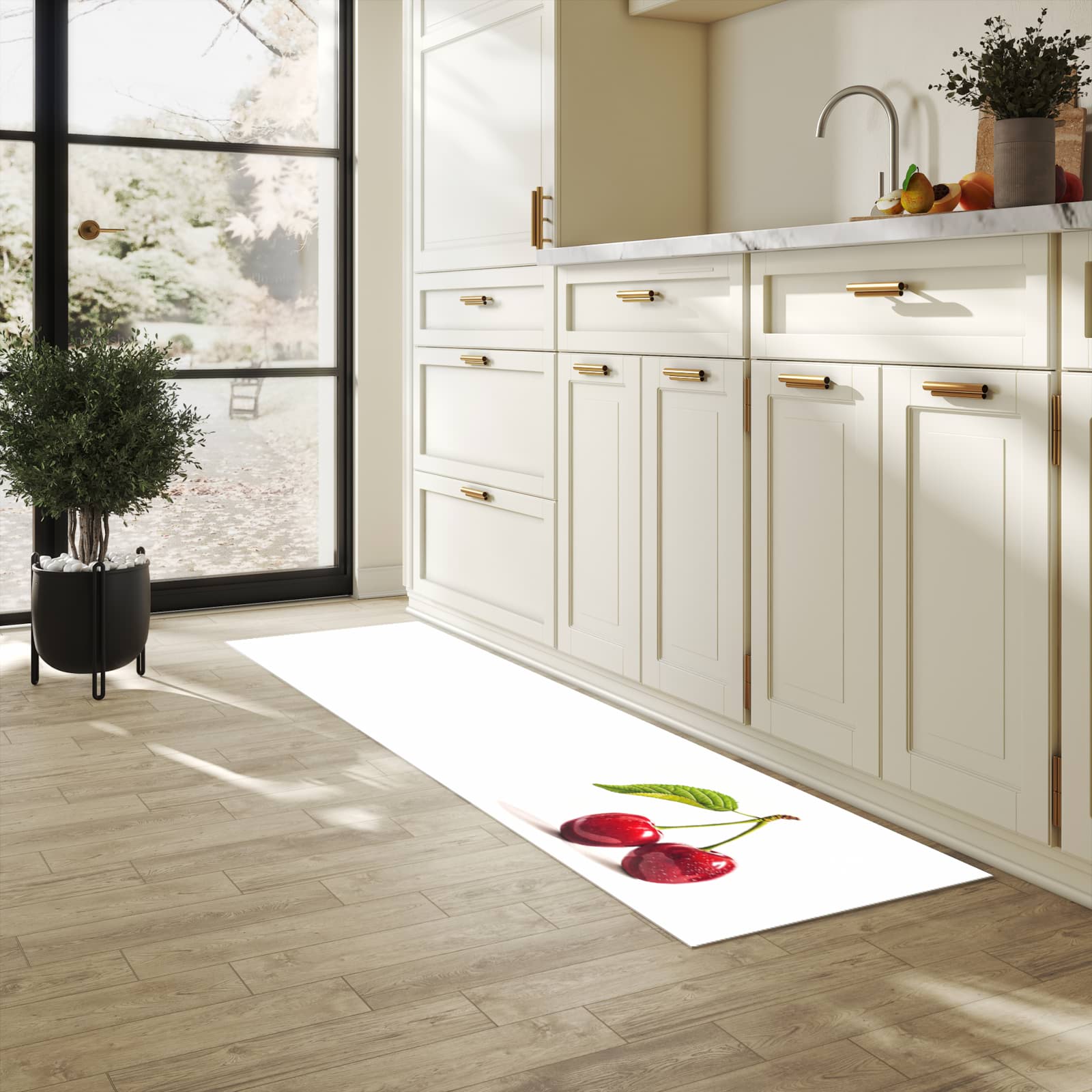 Bodenschonender Küchenteppich mit Motiv Kirschen Duo in heller Küche