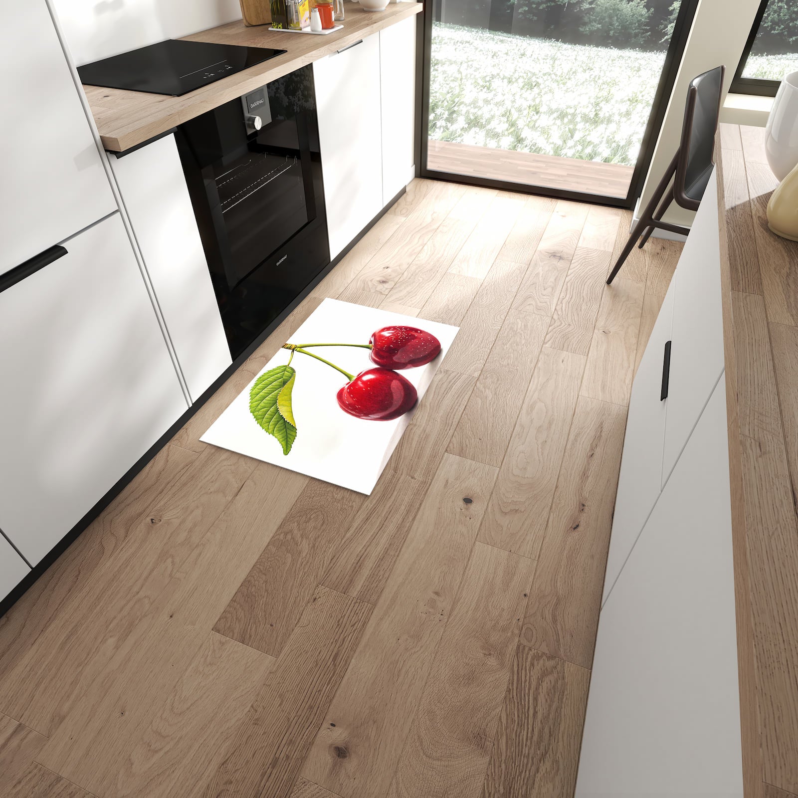 Formstabiler Läufer mit Motiv Kirschen Duo in moderner Küche für rutschfesten Stand