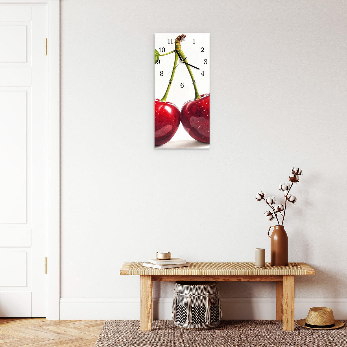 Moderne Wanduhr aus Glas mit Farbtiefe – Wanduhr Kirschen Duo aus Glas – Hochformat 30 × 60 cm