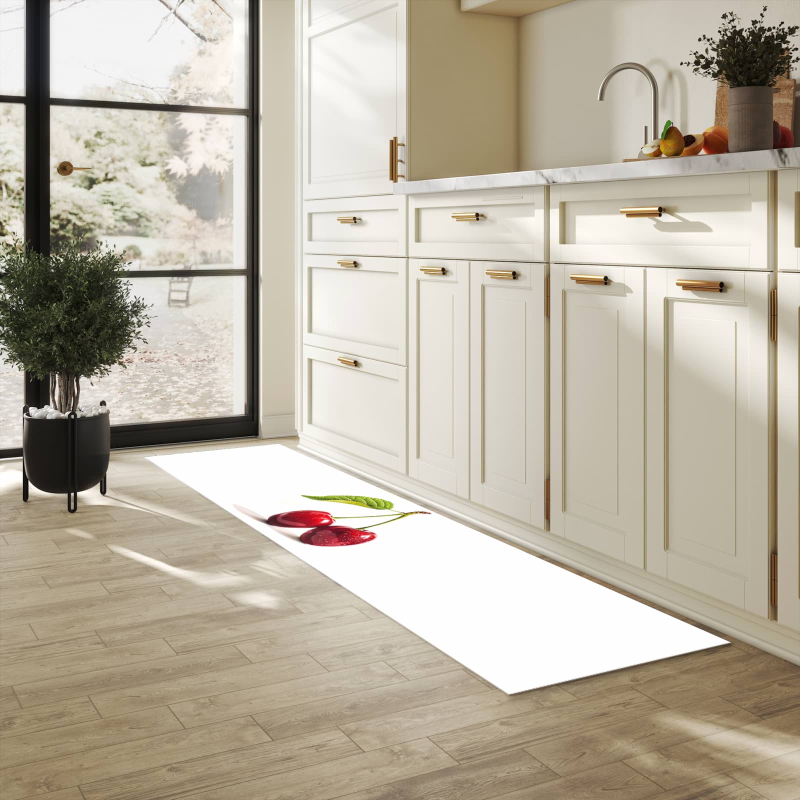 Farbbeständiger Küchenteppich mit Motiv Kirschen Duo in heller Küche