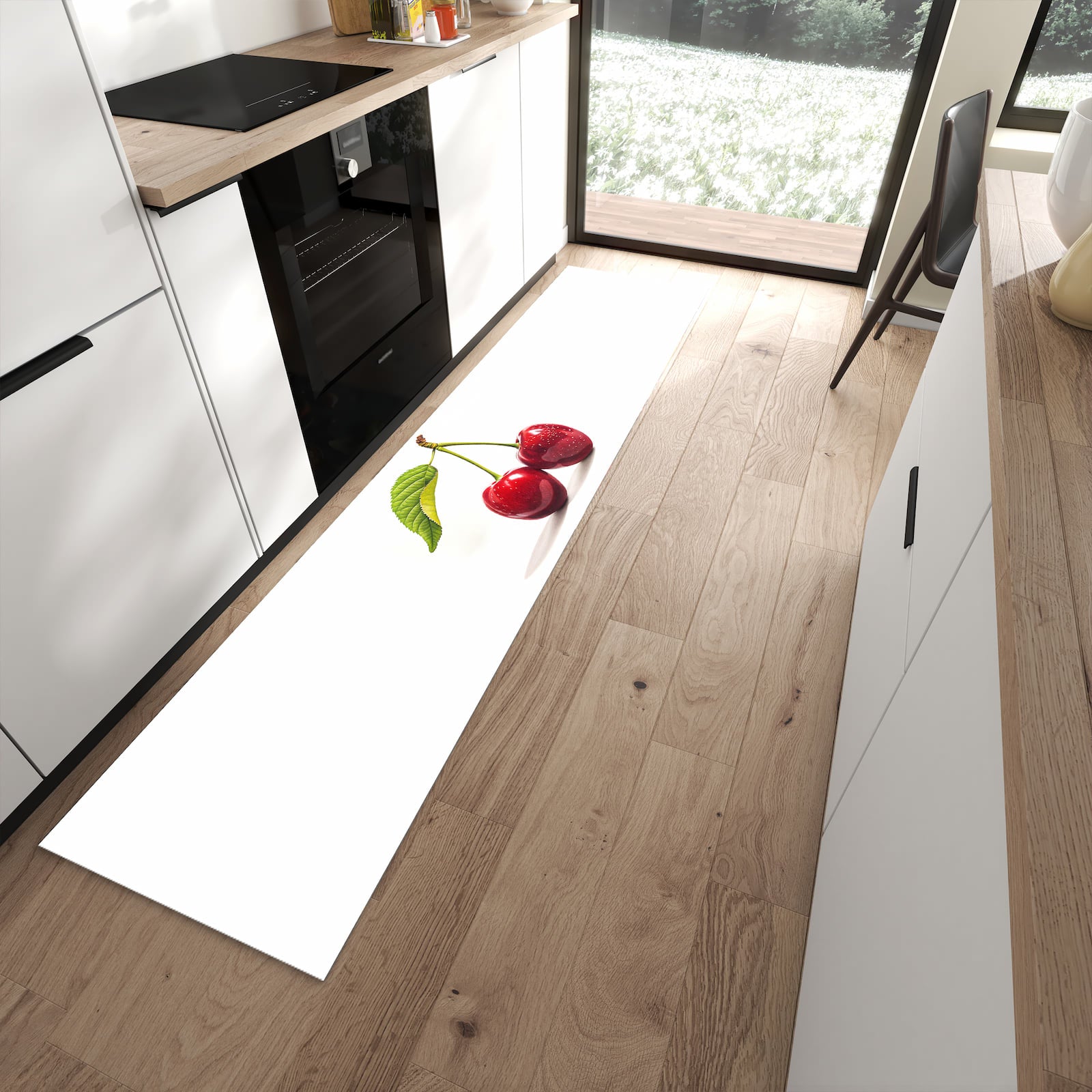 Bodenschonender langer Teppich mit Motiv Kirschen Duo in moderner Küche