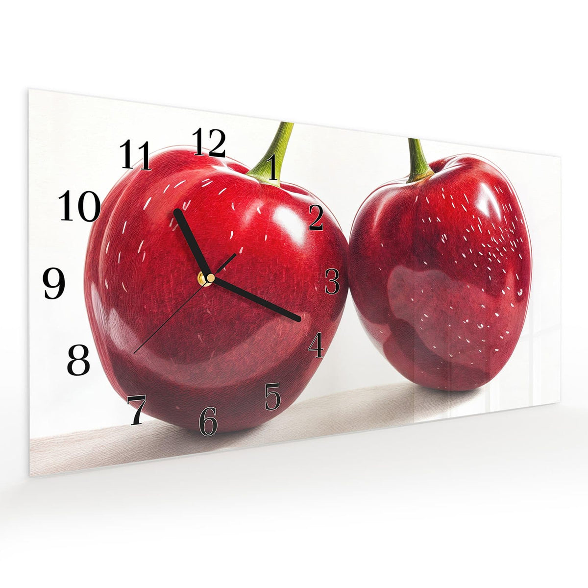 Vormontiert – mit Schwebeeffekt – Wanduhr Kirschen Duo aus Glas – Querformat 60 × 30 cm