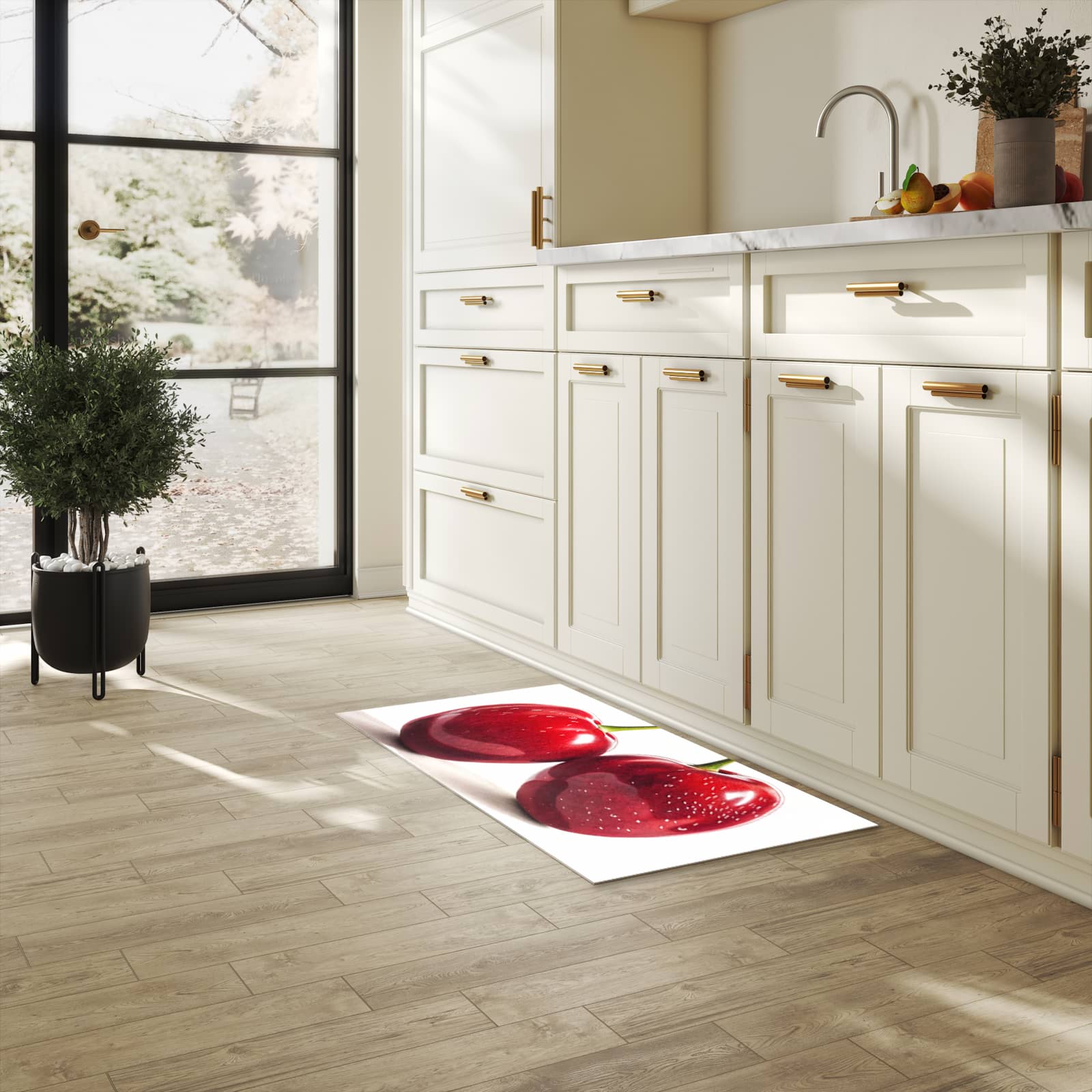 Feuchtigkeitsresistenter Teppich für Küche mit Motiv Kirschen Duo in heller Küche