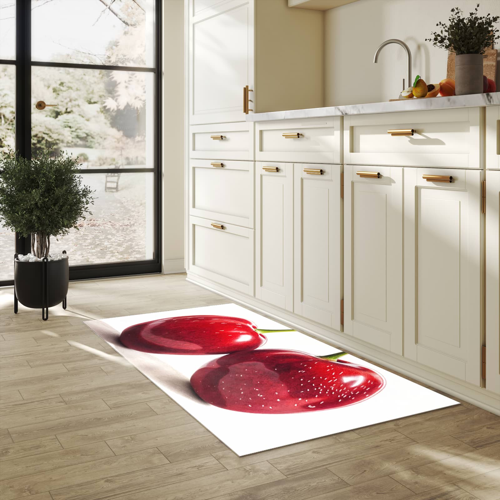 Waschbarer Küchenteppich mit Motiv Kirschen Duo für Trittkomfort in heller Küche