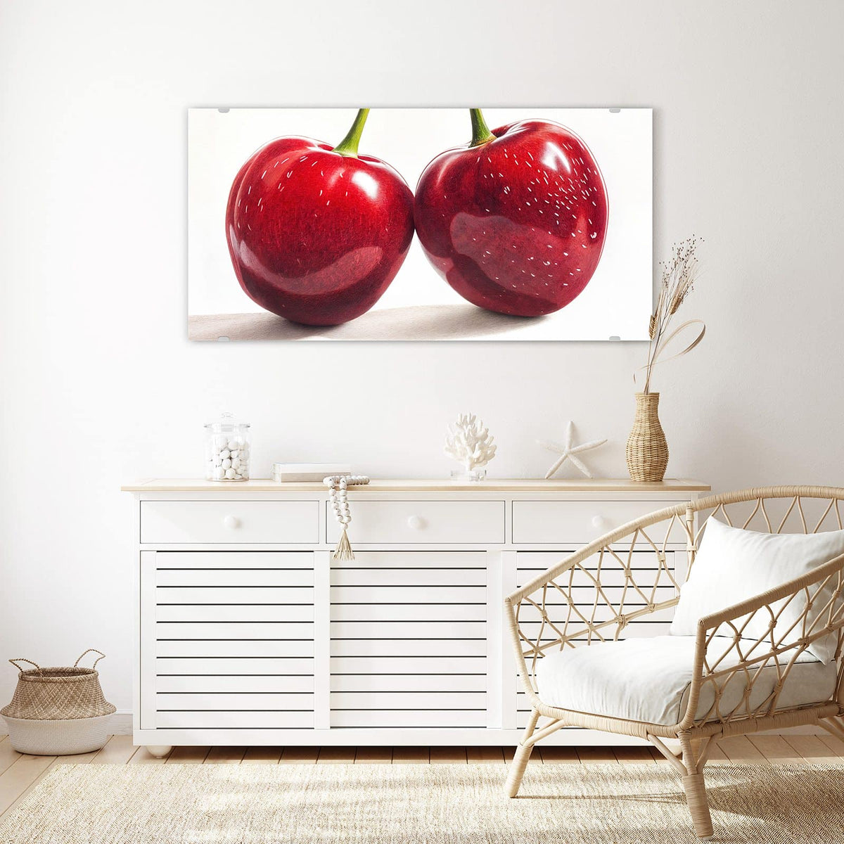 Echtglas, 4 mm – kein Acryl, keine Folie – Wandbild - Zwei Kirschen am Stiel - Querformat