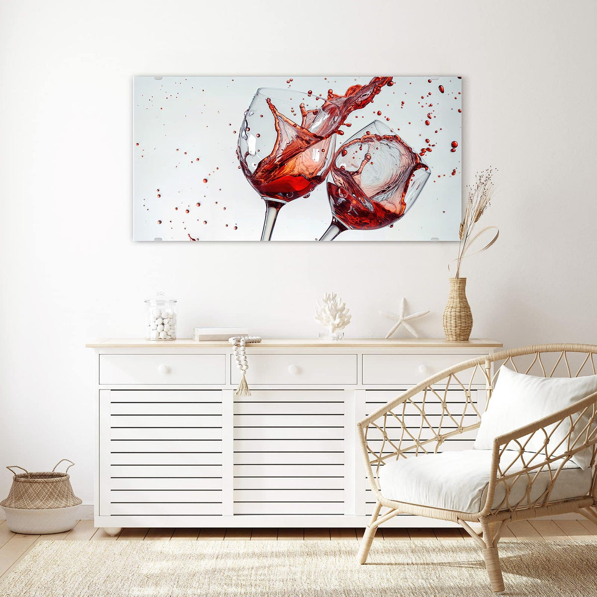 Echtglas, 4 mm – kein Acryl, keine Folie – Wandbild - Spritzender Rotwein - Querformat