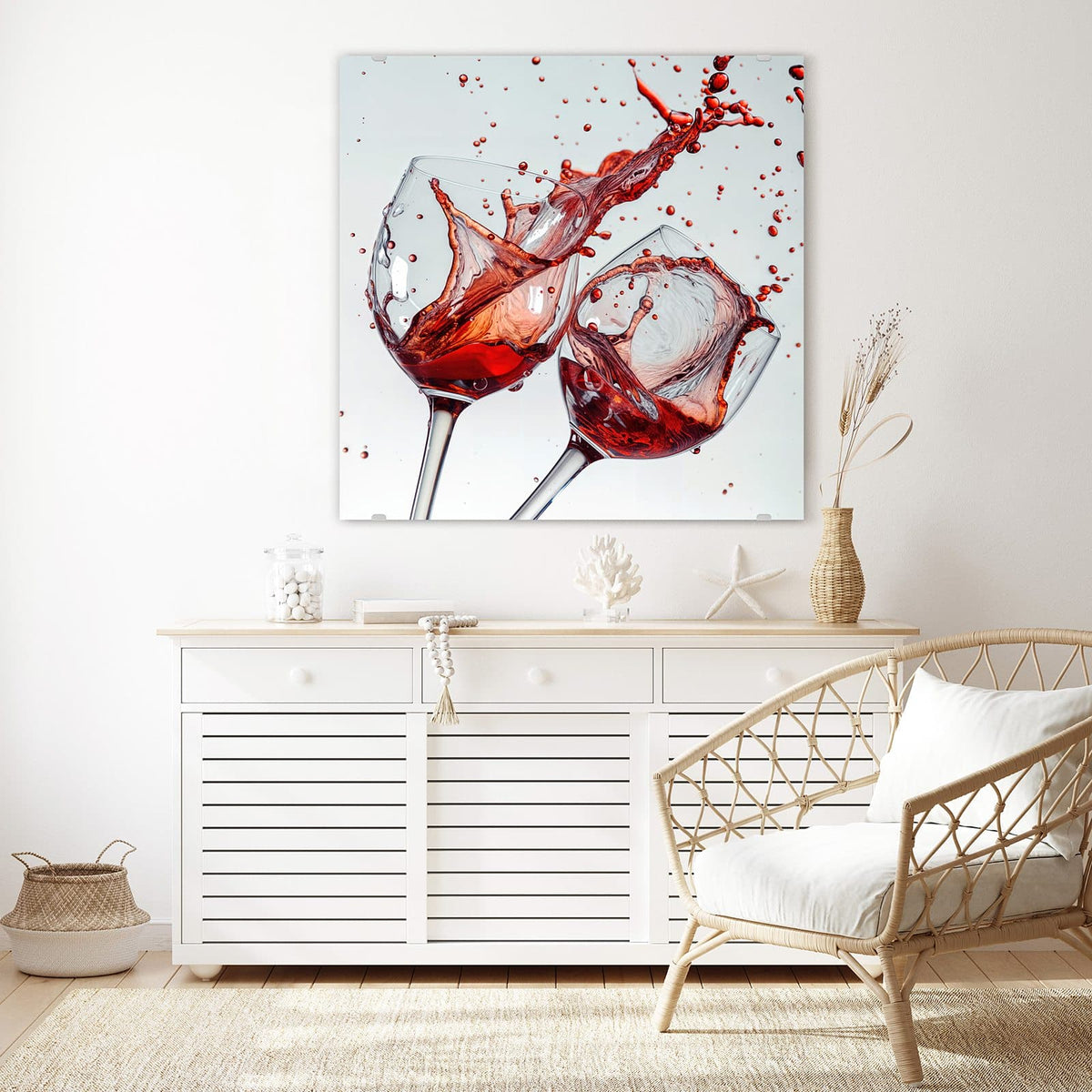Echtglas, 4 mm – kein Acryl, keine Folie – Wandbild - Spritzender Rotwein - Quadratisch
