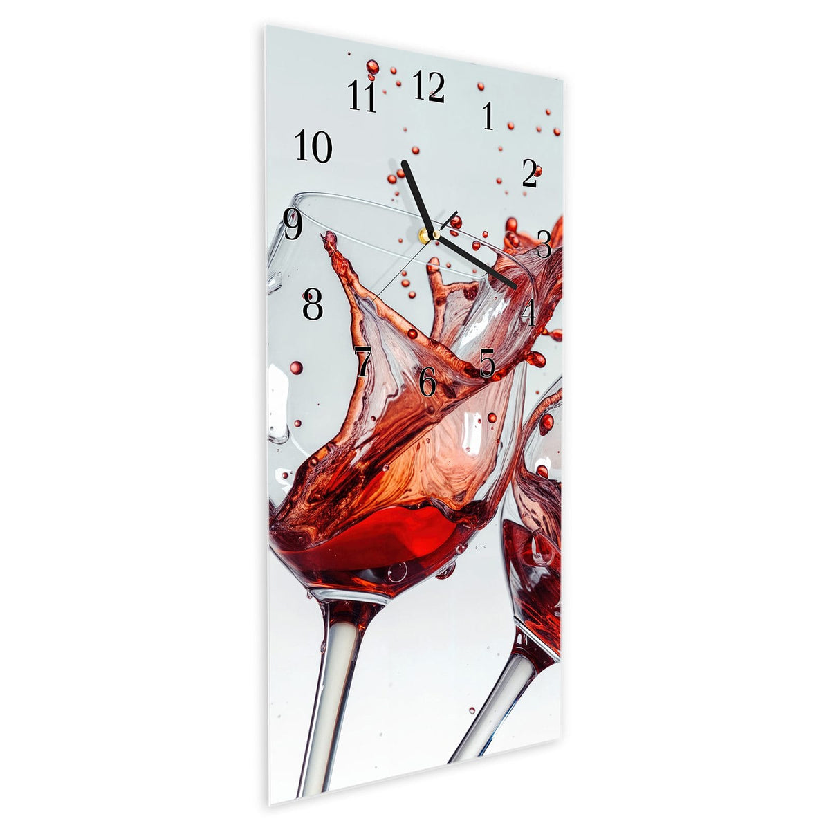 Vormontiert – mit Schwebeeffekt – Wanduhr Plätschernder Weinkelch aus Glas – Hochformat 30 × 60 cm