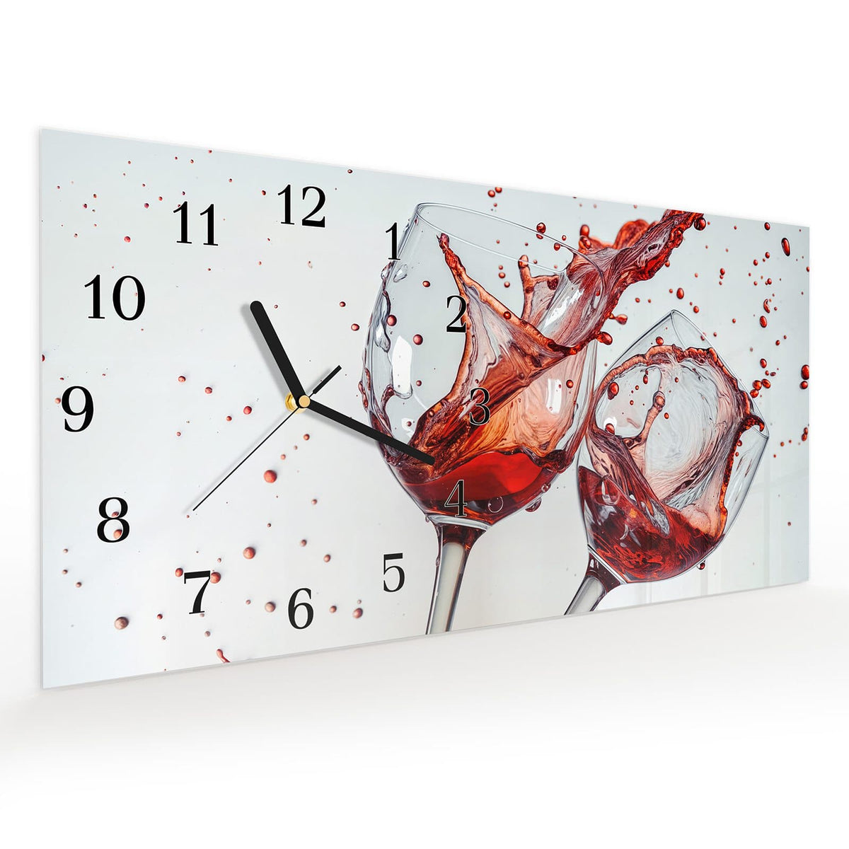 Vormontiert – mit Schwebeeffekt – Wanduhr Plätschernder Weinkelch aus Glas – Querformat 60 × 30 cm