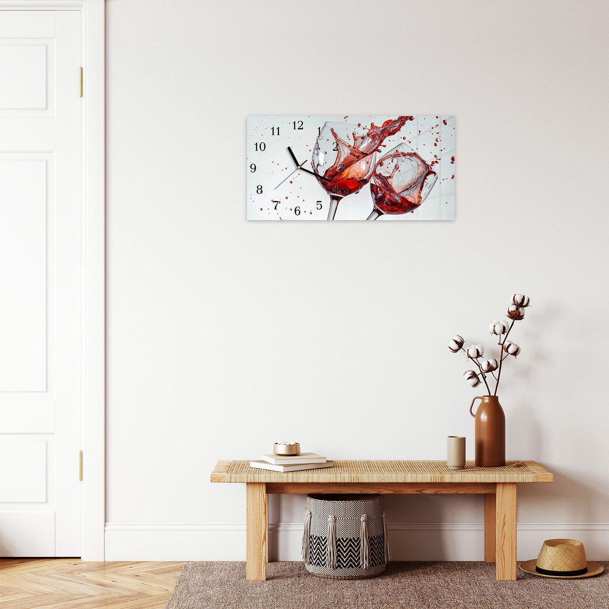 Moderne Wanduhr aus Glas mit Farbtiefe – Wanduhr Plätschernder Weinkelch aus Glas – Querformat 60 × 30 cm