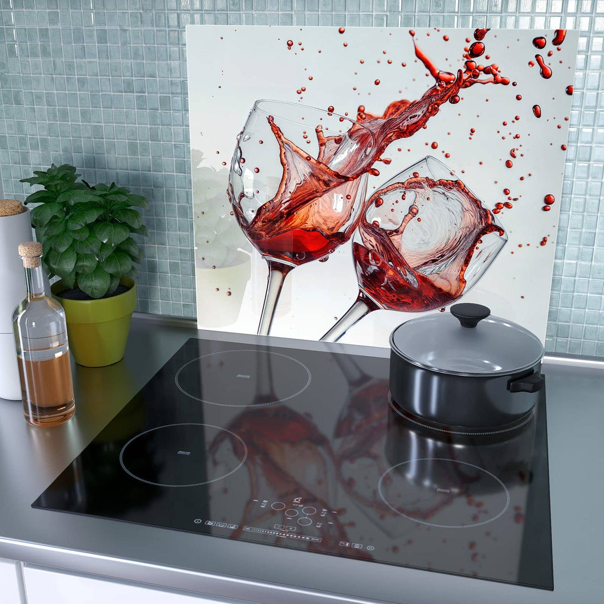 1-teilige Ceranfeld Abdeckungen mit Plätschernder Weinkelch-Motiv als Spritzschutz hinter dem Kochfeld
