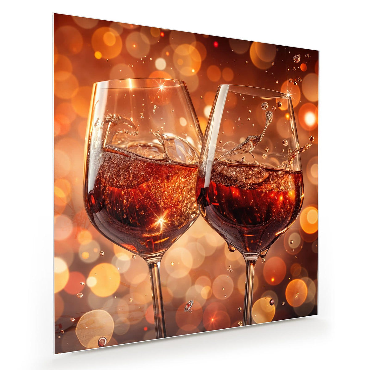 Zwei Rotweingläser stoßen an, Wein schwappt auf, warmes oranges Bokeh im Hintergrund