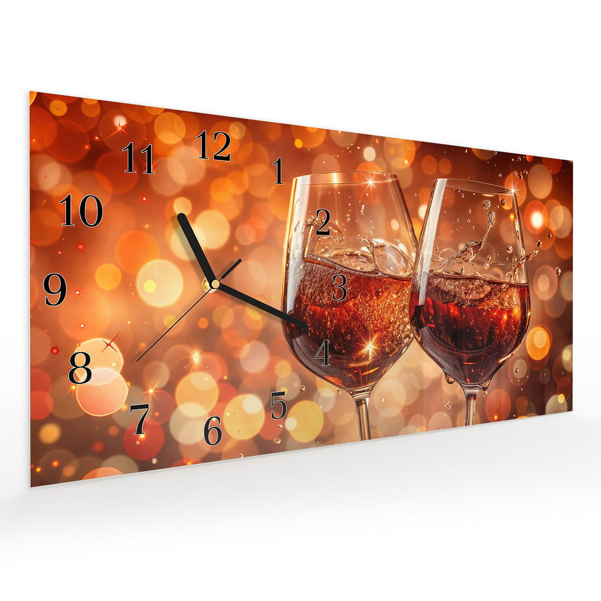Vormontiert – mit Schwebeeffekt – Wanduhr Weingläser Festlich aus Glas – Querformat 60 × 30 cm