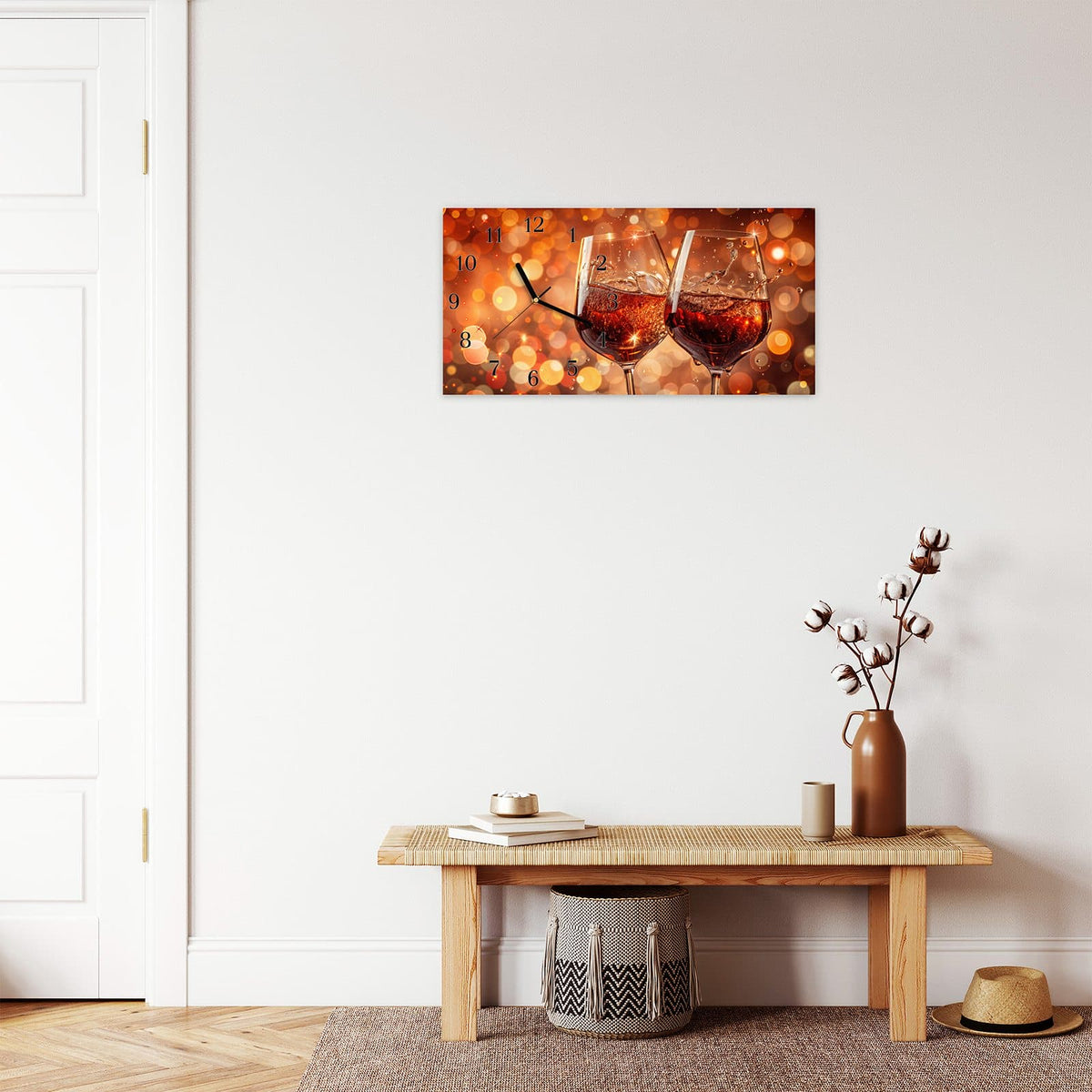 Moderne Wanduhr aus Glas mit Farbtiefe – Wanduhr Weingläser Festlich aus Glas – Querformat 60 × 30 cm