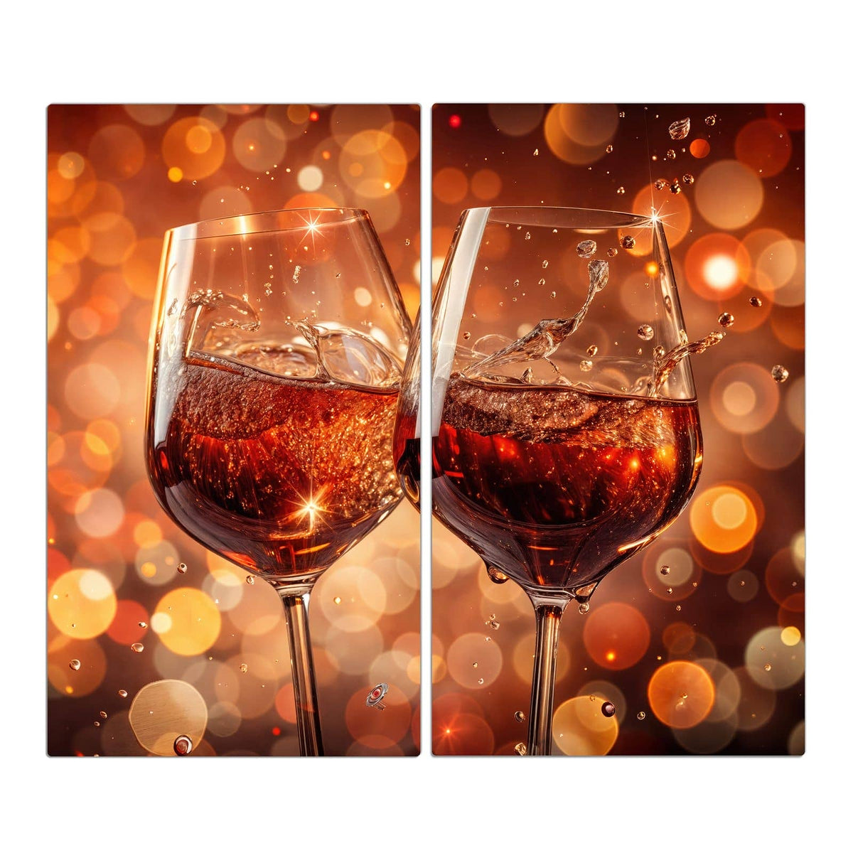 Zwei Rotweingläser stoßen an, Wein schwappt auf, warmes oranges Bokeh im Hintergrund