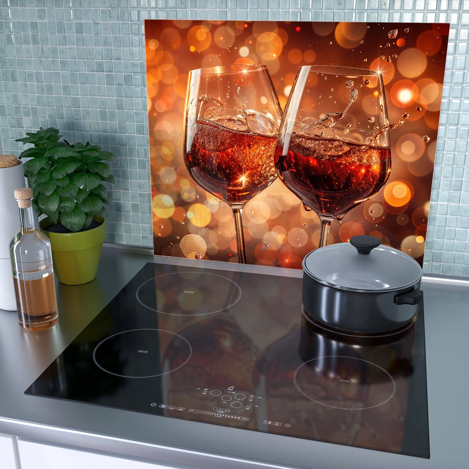 1-teilige Herdabdeckplatte mit Weingläser Festlich-Motiv als Spritzschutz hinter dem Kochfeld