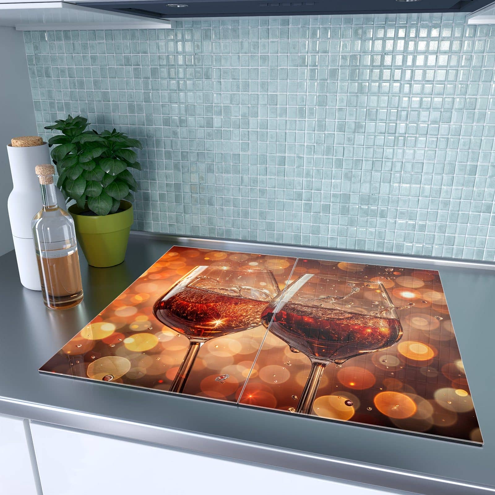 2-teilige Abdeckplatten für Herd mit Weingläser Festlich-Motiv auf dem Ceranfeld