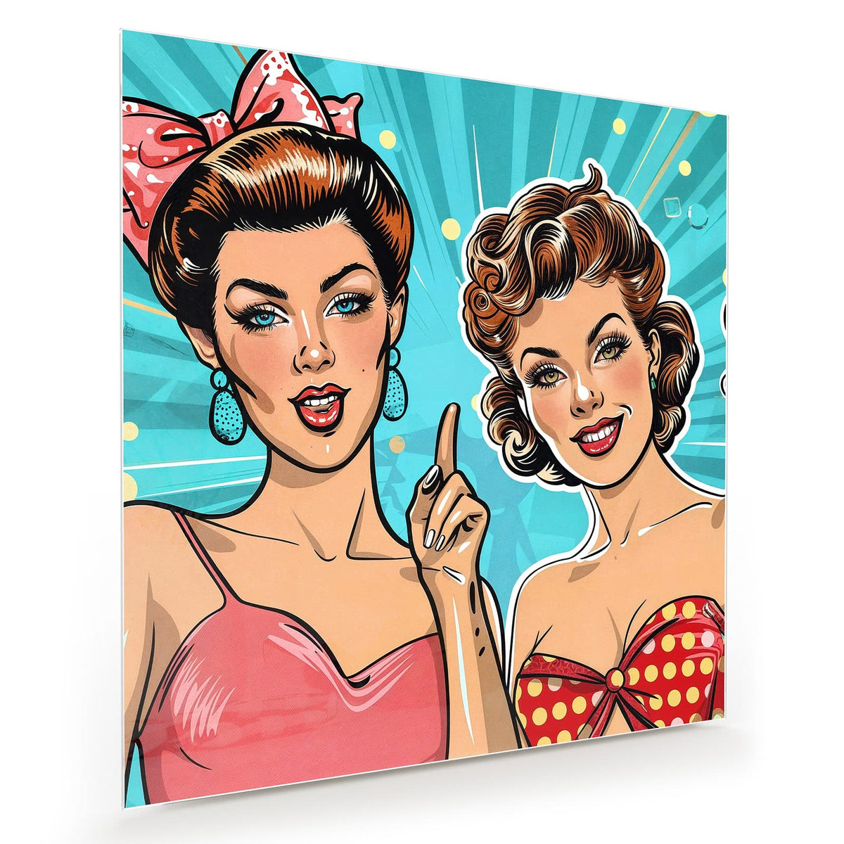 Zwei Pin-up-Frauen mit Retro-Frisuren vor türkisem Strahlenhintergrund