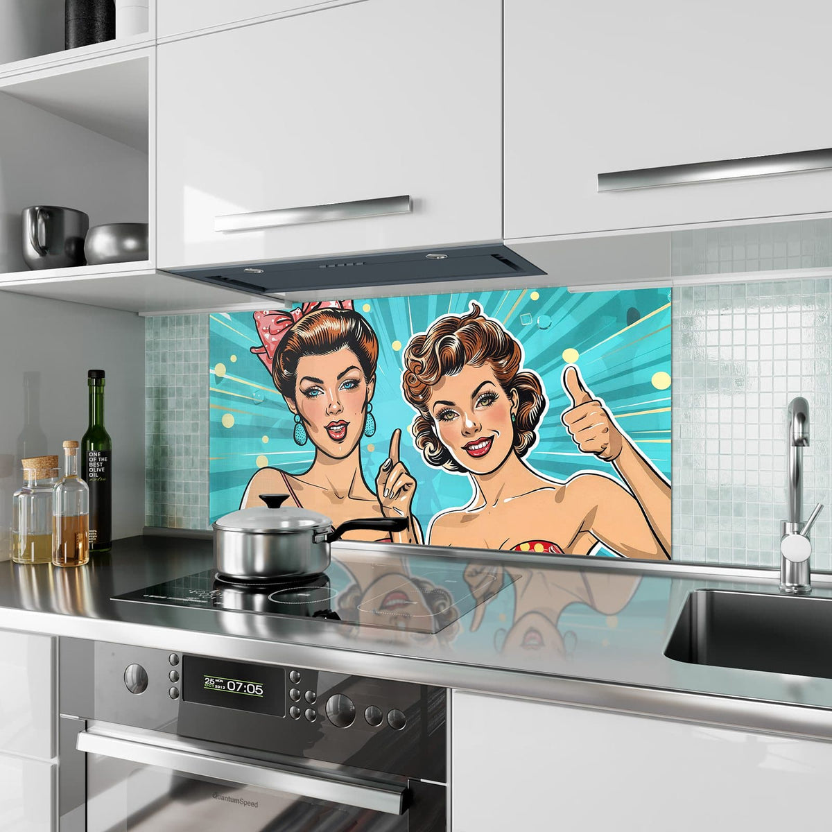 Küchenrückwand aus Glas Retro Freundinnen im Hochformat als Spritzschutz hinter dem Kochfeld, über dem Fliesenspiegel montiert