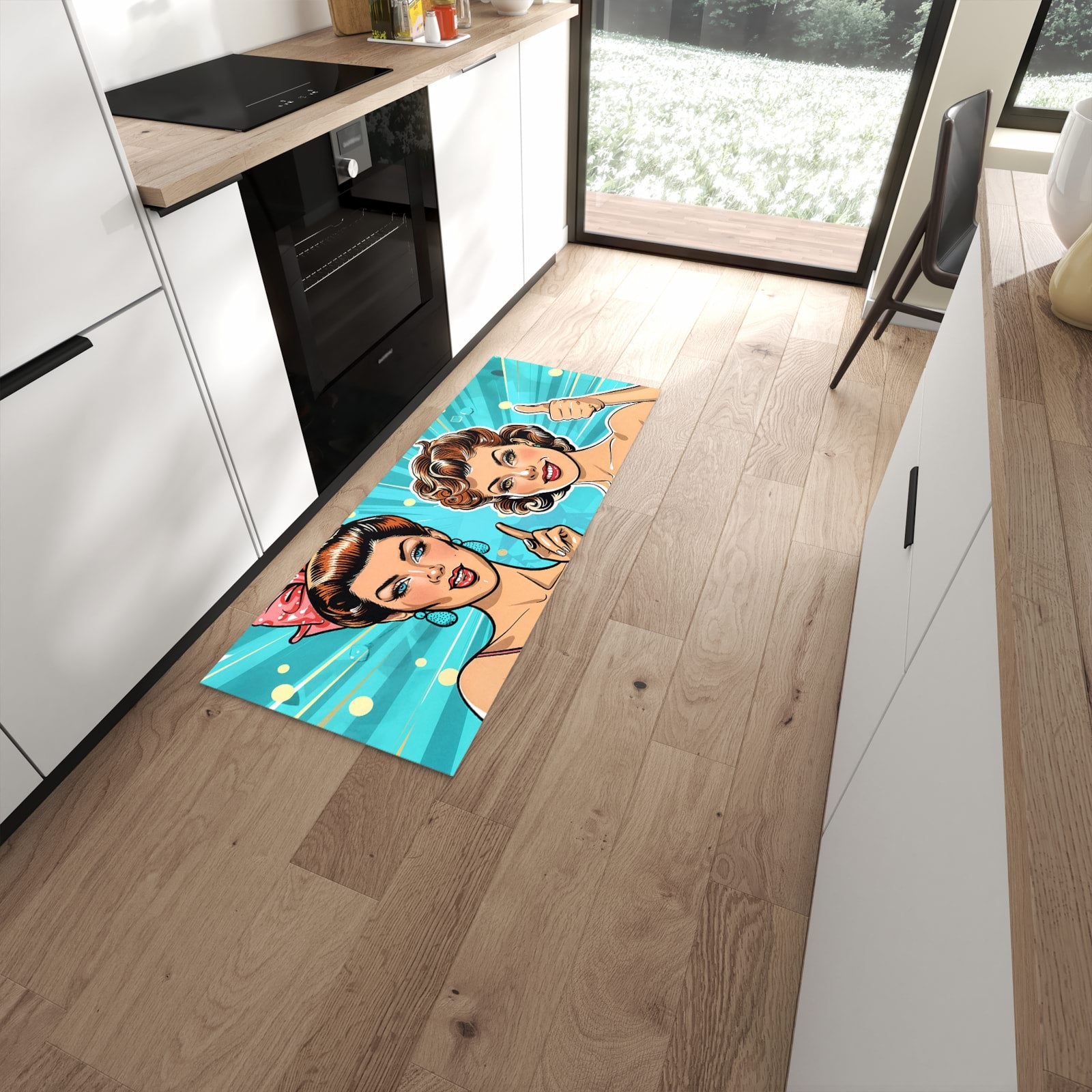 Flacher Küchenteppich mit Motiv Retro Frauen Illustration in moderner Küche - waschbar #grösse_60 x 150 cm