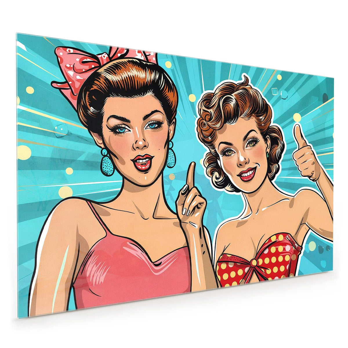 Küchenrückwand aus Glas im Hochformat mit Motiv Retro Freundinnen: Zwei Pin-up-Frauen mit Retro-Frisuren vor türkisem Strahlenhintergrund