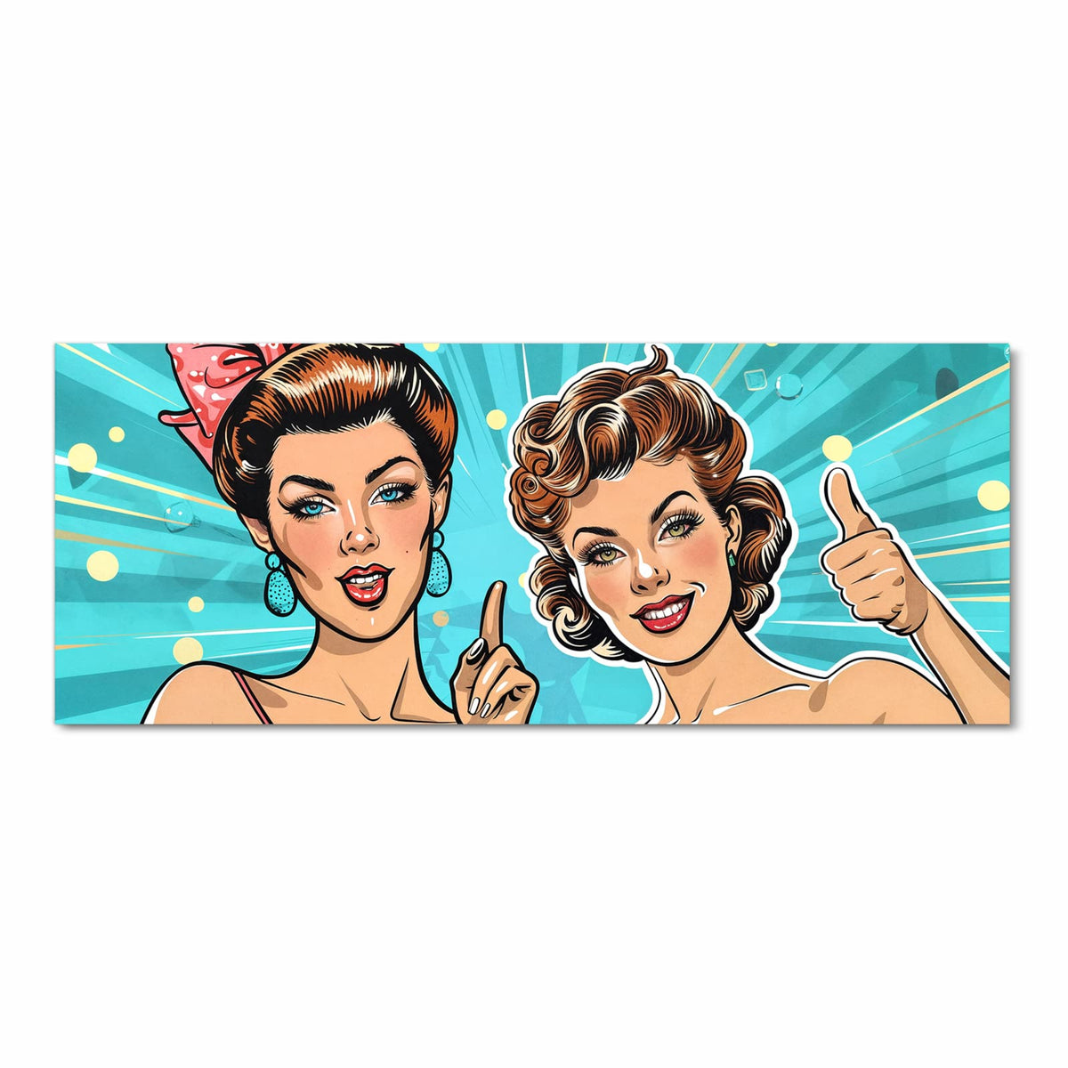 Zwei Pin-up-Frauen mit Retro-Frisuren vor türkisem Strahlenhintergrund