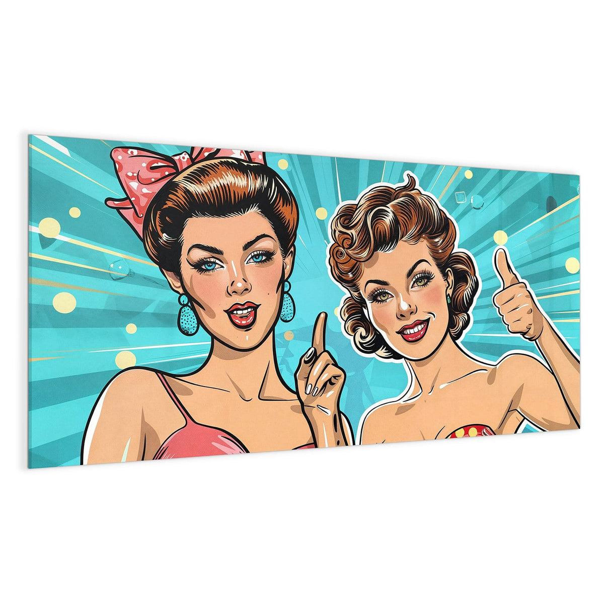 Zwei Pin-up-Frauen mit Retro-Frisuren vor türkisem Strahlenhintergrund