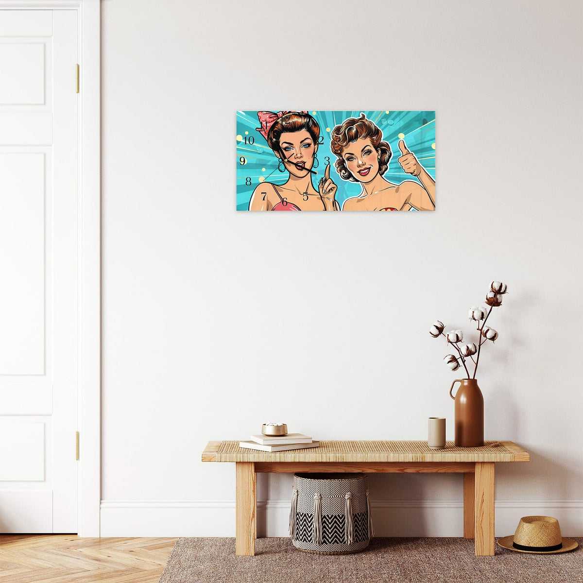 Moderne Wanduhr aus Glas mit Farbtiefe – Wanduhr Retro Frauen Illustration aus Glas – Querformat 60 × 30 cm