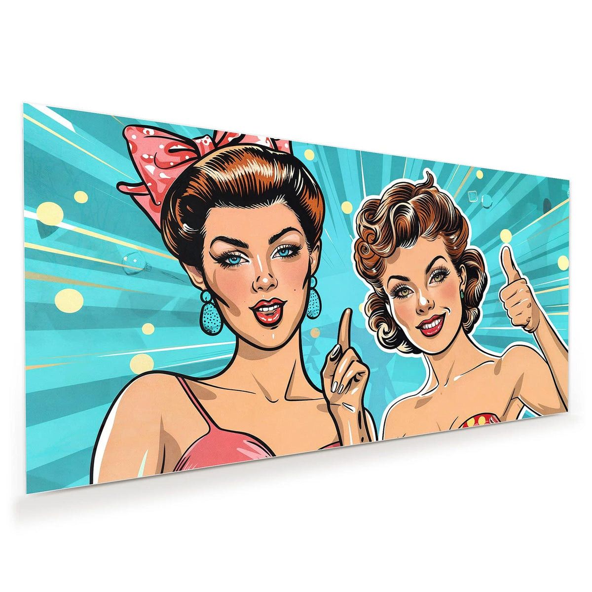 Zwei Pin-up-Frauen mit Retro-Frisuren vor türkisem Strahlenhintergrund